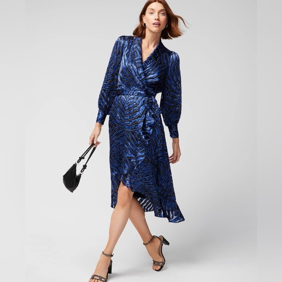 WHBM LONG SLEEVE SILK BURNOUT WRAP DRESS - Picture 2 of 6